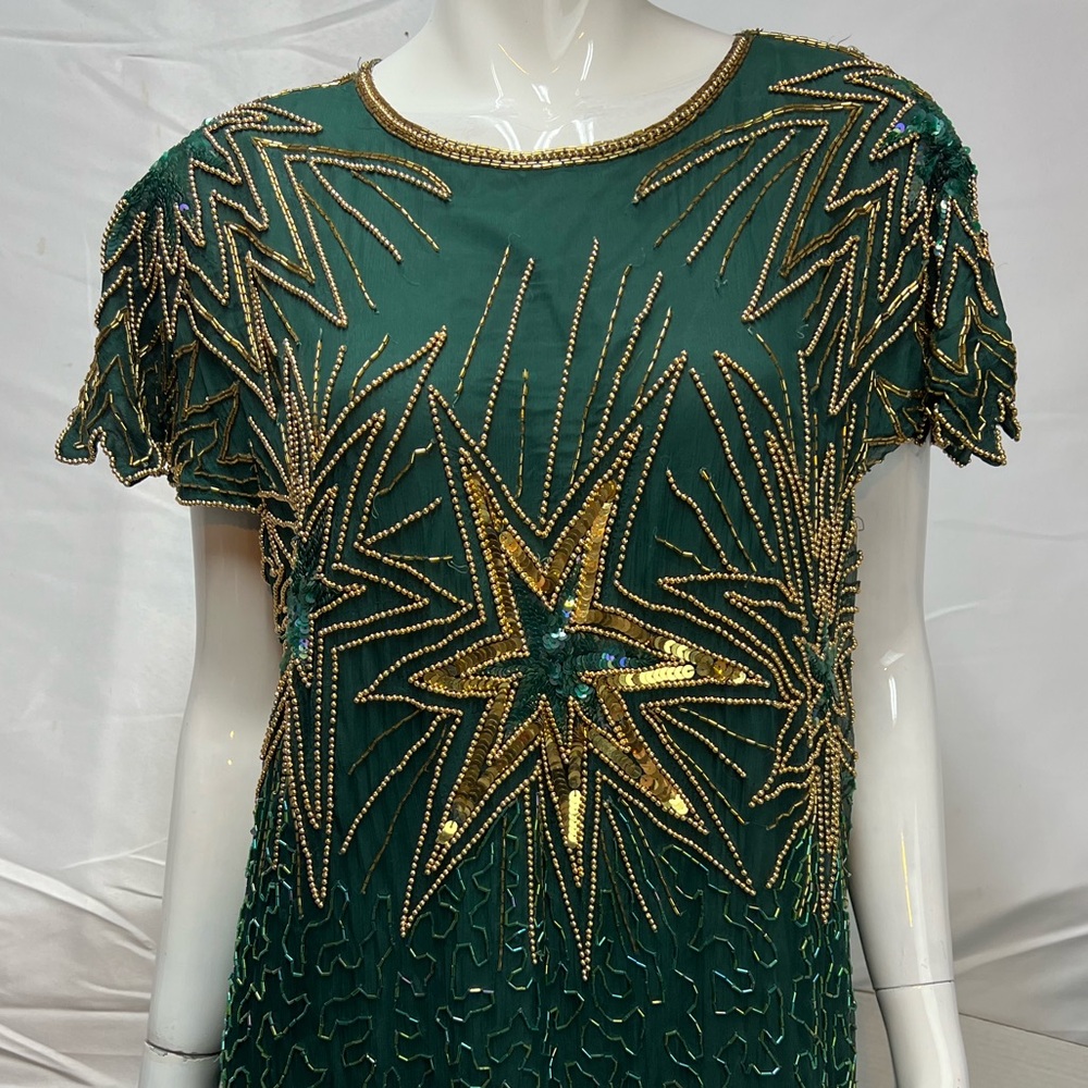 Vintage Green Silk Cap Sleeve Gold Sequins Beaded Long Gown 2X Dress Gown - Picture 2 of 7